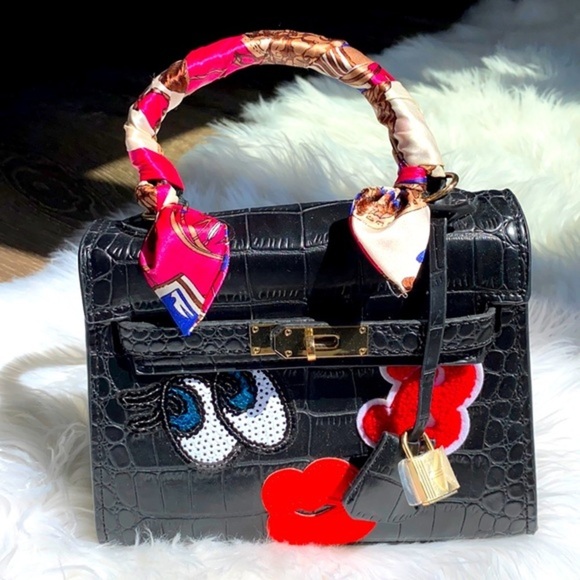 House of Hello HK Black Croc Big Eyes Kelly Style Tote Crossbody Bag Purse - Picture 2 of 16